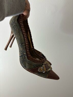 Brown Patterned Pointed-Toe High Heel Pump with Buckle Detail